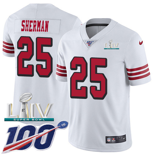 San Francisco 49ers Nike #25 Richard Sherman White Super Bowl LIV 2020 Rush Youth Stitched NFL Limited 100th Season Jersey